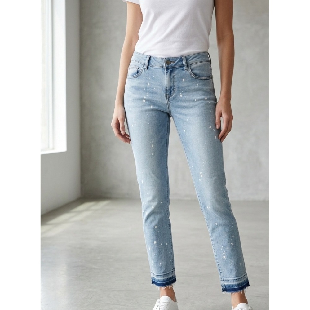Dear John Paint Splatter Erin Slim Straight Raw Hem Light Wash Jeans 27